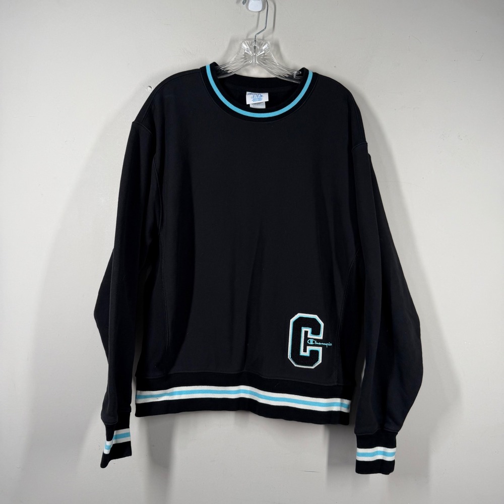 Champion Reverse Weave Sweatshirt Black Teal Striped Chenille Logo Large Womens